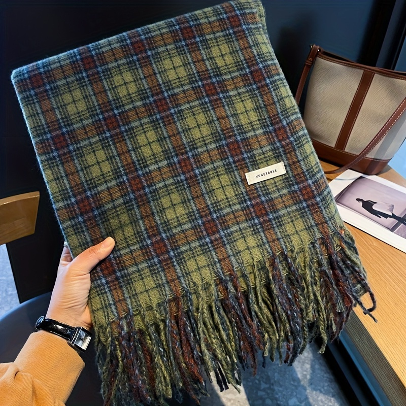 Wool Scarf Men - Vintage Green Plaid Tassel Scarf Women